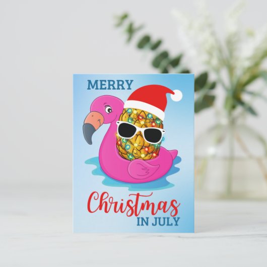 Cartes Pour Fêtes Annuelles Noël en juillet Ananas Santas Casquette Flamant ro (Debout devant)