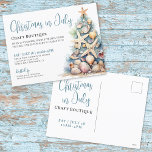 Cartes Pour Fêtes Annuelles Noël En Juillet Boutique Market<br><div class="desc">Diffusez le mot sur votre Noël au Marché de Juillet avec ce design de carte postale festive et de plage, créé avec une ambiance tropicale détendue. La mise en page présente un joyeux mélange de polices bleues et noires en haut à gauche, combinant la calligraphie de script avec la typographie...</div>