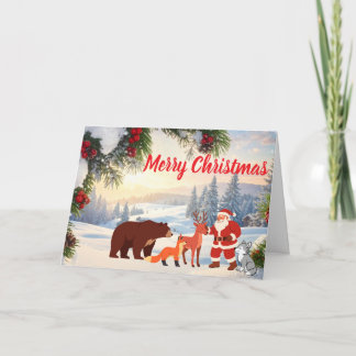 Cartes Pour Fêtes Annuelles Noël enneigé vintage avec le Père Noël et les anim
