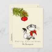 Cartes Pour Fêtes Annuelles Noël espiègle Kitty avec un arc rouge (Devant / Derrière)