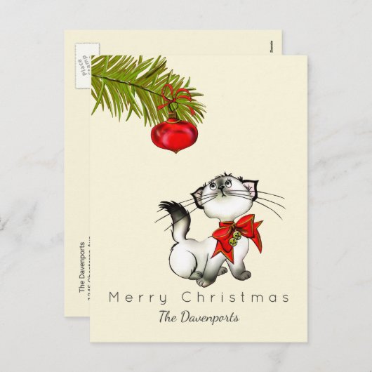 Cartes Pour Fêtes Annuelles Noël espiègle Kitty avec un arc rouge (Devant / Derrière)