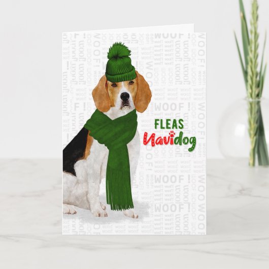 Cartes Pour Fêtes Annuelles Noël Festif Beagle Chien Fleas NaviDOG (Devant)