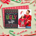 Cartes Pour Fêtes Annuelles Noël Fête Photo Chalkboard laide Sweat<br><div class="desc">"Que tous vos pulls soient laides et brillants." Célébrez les fêtes dans le "style" avec vos pulls de Noël les plus laids et les plus rusés ! Sur le côté gauche, de mignons arbres capricieux, des rennes, des ornements et une typographie "pull" ludique en rouge, vert et bleu aqua, recouvrent...</div>