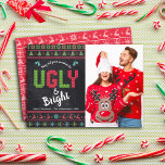 Cartes Pour Fêtes Annuelles Noël Fête Photo Chalkboard laide Sweat<br><div class="desc">"Que tous vos pulls soient laides et brillants." Célébrez les fêtes dans le "style" avec vos pulls de Noël les plus laids et les plus rusés ! Sur le côté gauche, de mignons arbres capricieux, des rennes, des ornements et une typographie "pull" ludique en rouge, vert et bleu aqua, recouvrent...</div>