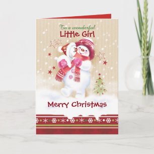 Cartes Pour Fêtes Annuelles Noël, fille. Le bonhomme de neige étreint le chiot