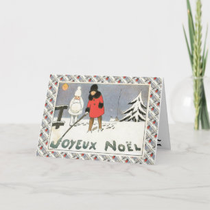 Cartes Pour Fêtes Annuelles Noël français vintage, enfants dans la neige