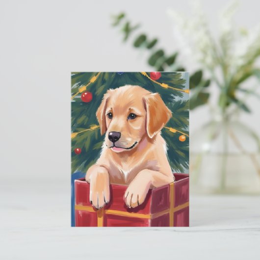 Cartes Pour Fêtes Annuelles Noël Golden Retriever Puppy Present (Debout devant)