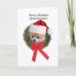 Cartes Pour Fêtes Annuelles Noël, Grand-fils, Chien de Poméranie<br><div class="desc">Cet adorable chiot de Poméranie est prêt pour Père Noël sur cette carte de Noël colorée pour un arrière-petit-fils.   Le petit chien porte un casquette du Père Noël et un ruban rouge vif.</div>