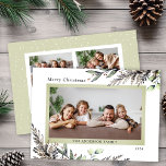 Cartes Pour Fêtes Annuelles Noël hiver verdure 3 Photos Message<br><div class="desc">Cette élégante carte photo de Noël offre de l'espace pour 3 images et est accentuée par une aquarelle classe verdure d'hiver. Le message dit "Joyeux Noël". Le texte personnalisé,  à l'arrière,  vous permet d'ajouter un message personnel.</div>