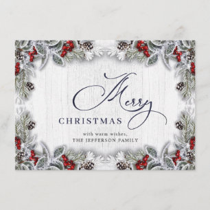 Cartes Pour Fêtes Annuelles Noël Holly Berry Pine Rustic Wood Salutation