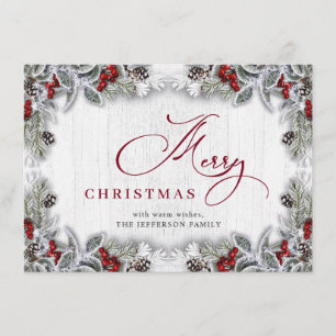 Cartes Pour Fêtes Annuelles Noël Holly Berry Pine Rustic Wood Salutation
