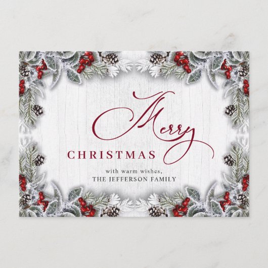Cartes Pour Fêtes Annuelles Noël Holly Berry Pine Rustic Wood Salutation (Devant)