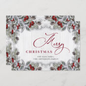 Cartes Pour Fêtes Annuelles Noël Holly Berry Pine Rustic Wood Salutation (Devant / Derrière)
