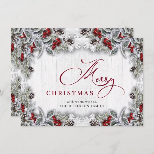 Cartes Pour Fêtes Annuelles Noël Holly Berry Pine Rustic Wood Salutation (Devant / Derrière)