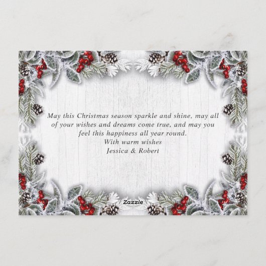 Cartes Pour Fêtes Annuelles Noël Holly Berry Pine Rustic Wood Salutation (Dos)