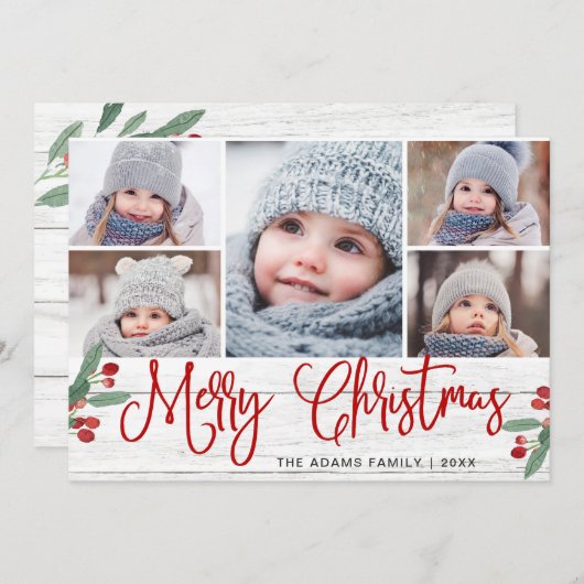 Cartes Pour Fêtes Annuelles Noël Holly Berry Rustic 5 PHOTO Salutation (Devant / Derrière)