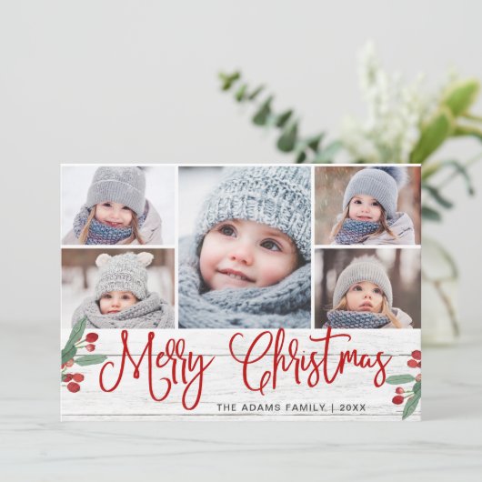 Cartes Pour Fêtes Annuelles Noël Holly Berry Rustic 5 PHOTO Salutation (Debout devant)