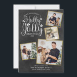 Cartes Pour Fêtes Annuelles Noël Holly Jolly Photo Collage tableau noir<br><div class="desc">Un design de vacances Holly Jolly 4 photo collage élégant pour vous de personnaliser avec vos photos préférées encadrées en or, message, noms et année sur un arrière - plan de tableau noir. L'envers comporte des flocons de neige tombant sur un arrière - plan de tableau de bord correspondant. Conçu...</div>