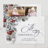 Cartes Pour Fêtes Annuelles Noël Holly Pine Rustic 4 Photo Grey (Devant / Derrière)