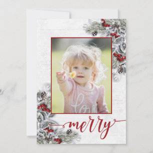 Cartes Pour Fêtes Annuelles Noël Holly Pine Rustic Photo Grey