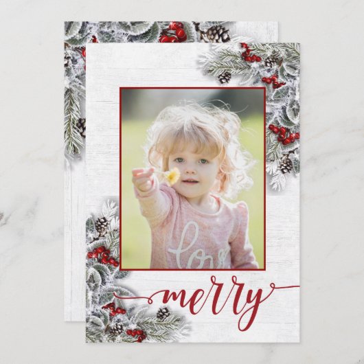 Cartes Pour Fêtes Annuelles Noël Holly Pine Rustic Photo Grey (Devant / Derrière)