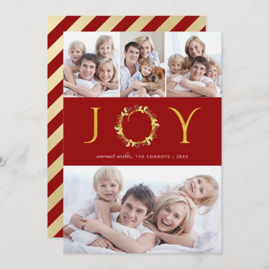 Cartes Pour Fêtes Annuelles Noël Joy 4 Photos Red Gold Faux Foil (Devant / Derrière)