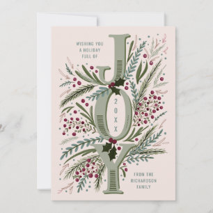 Cartes Pour Fêtes Annuelles Noël Joy Foliage tiré main sur Dusty Rose