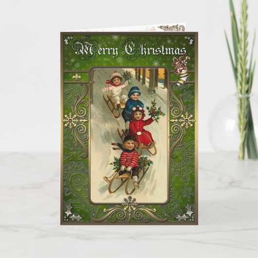 Cartes Pour Fêtes Annuelles Noël - Les enfants descendent la colline sur un tr (Devant)