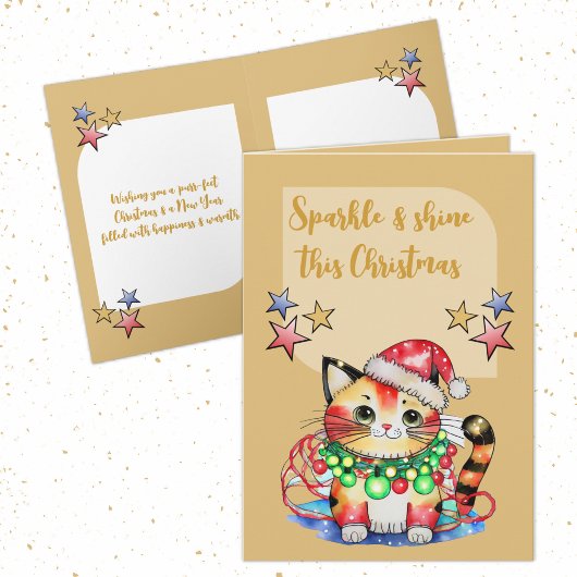 Cartes Pour Fêtes Annuelles Noël mignon chat étoiles or