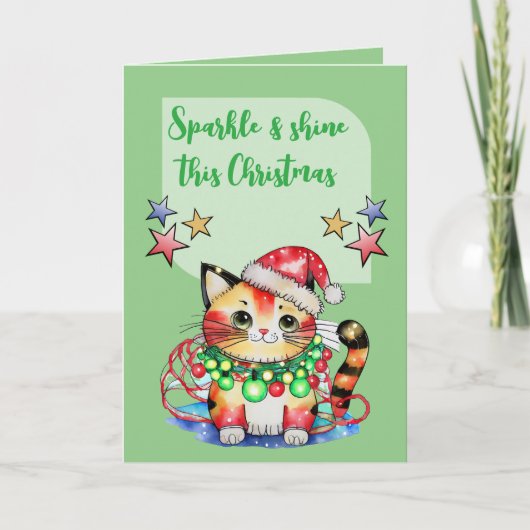 Cartes Pour Fêtes Annuelles Noël mignon chattes étoiles vert (Devant)