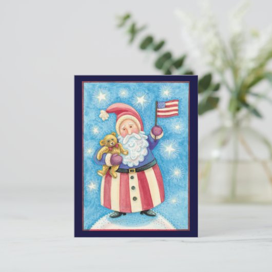 Cartes Pour Fêtes Annuelles Noël mignon, Père Noël patriotique avec drapeau (Debout devant)