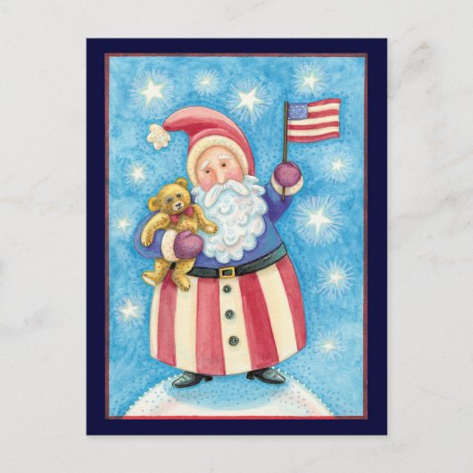 Cartes Pour Fêtes Annuelles Noël mignon, Père Noël patriotique avec drapeau (Devant)