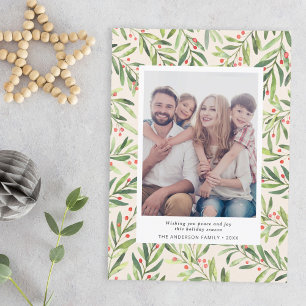 Cartes Pour Fêtes Annuelles Noël Moderne Baies Verdure Photo Crème