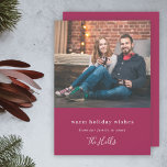 Cartes Pour Fêtes Annuelles Noël moderne | Couple Photo Burgundy Maroon<br><div class="desc">Carte photo plat avec une typographie classique citant des "voeux de vacances chaudes - de notre famille à la vôtre", associé à une police manuscrite de texte pour votre nom de famille en blanc sur un arrière - plan rouge de marron de rubis bordeaux. L'accueil et le nom peuvent être...</div>