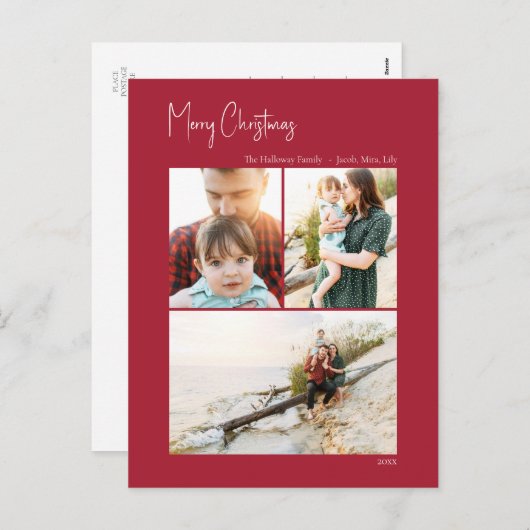 Cartes Pour Fêtes Annuelles Noël moderne | Red Vertical 3 Photo (Devant / Derrière)