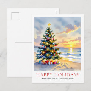 Cartes Pour Fêtes Annuelles Noël moderne sur la plage côtière à l'aquarelle fe