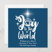 Cartes Pour Fêtes Annuelles Noël Nativité Joie au monde Bleu & Blanc (Devant / Derrière)