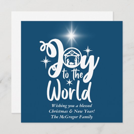 Cartes Pour Fêtes Annuelles Noël Nativité Joie au monde Bleu & Blanc (Devant / Derrière)