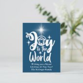 Cartes Pour Fêtes Annuelles Noël Nativité Joie au monde Bleu & Blanc (Debout devant)