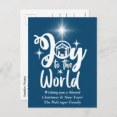 Cartes Pour Fêtes Annuelles Noël Nativité Joie au monde Bleu & Blanc (Devant / Derrière)