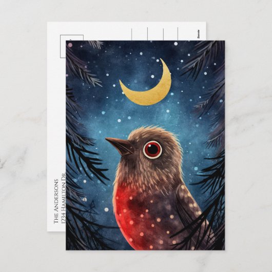 Cartes Pour Fêtes Annuelles Noël Oiseau neige Lune de nuit Message (Devant / Derrière)
