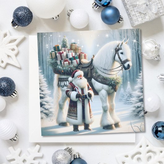 Cartes Pour Fêtes Annuelles Noël Père Noël et Cheval Blanc Magique