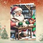 Cartes Pour Fêtes Annuelles Noël père Noël et Elfe au pôle Nord<br><div class="desc">Carte de Noël personnalisée avec le Père Noël et un elfe adorable qui passe au-dessus de la liste coquine et belle dans l'illustration de l'aquarelle du Pôle Nord.</div>
