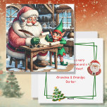 Cartes Pour Fêtes Annuelles Noël père Noël et Elfe au pôle Nord<br><div class="desc">Carte de Noël personnalisée avec le Père Noël et un elfe adorable qui passe au-dessus de la liste coquine et belle dans l'illustration de l'aquarelle du Pôle Nord.</div>