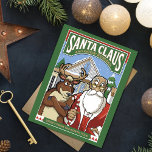 Cartes Pour Fêtes Annuelles Noël Père Noël & Kickin' Reindeer neige<br><div class="desc">Ce dessin de Noël ressemble à une vieille playbill ou à une affiche de cinéma qui dit "Père Noël et Rindeer de Kicking". Ce design rétro de Noël a un arrière - plan avec une église, un sapin de Noël avec de la neige et des flocons de neige qui tombent....</div>