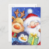 Cartes Pour Fêtes Annuelles Noël Père Noël Reindeer et Penguin (Devant / Derrière)
