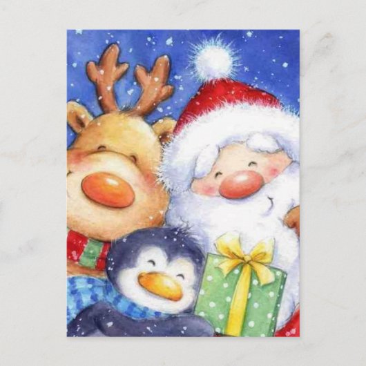 Cartes Pour Fêtes Annuelles Noël Père Noël Reindeer et Penguin (Devant)