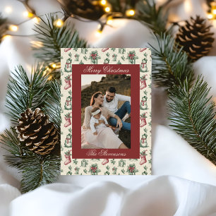 Cartes Pour Fêtes Annuelles Noël Photo Classique Vintage Rouge Toile De Jouy