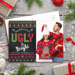 Cartes Pour Fêtes Annuelles Noël Photo Nordic Ugly Sweater Fun Chalkboard<br><div class="desc">"Que tous vos pulls soient laides et brillants." Célébrez les fêtes dans le "style" avec vos pulls de Noël les plus laids et les plus rusés ! Sur le côté gauche, de mignons arbres capricieux, des rennes, des ornements et une typographie "pull" ludique en rouge, vert et bleu aqua, recouvrent...</div>