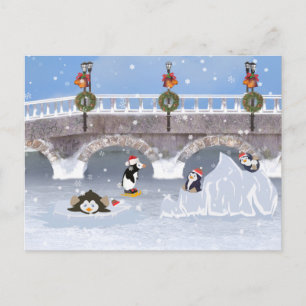 Cartes Pour Fêtes Annuelles Noël, pingouins espiègles sur le lac congelé